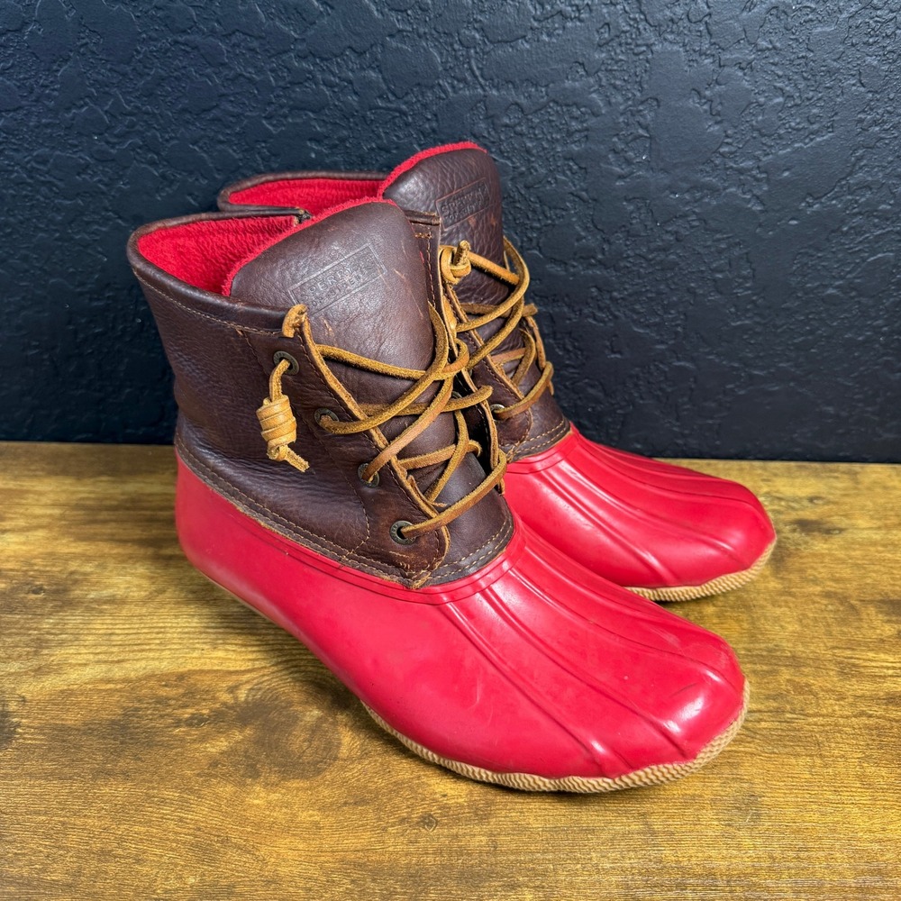 Sperry Saltwater STS90994 Red Brown Leather Rubber Duck Rain Boots Womens 8
